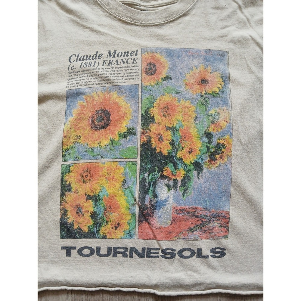 H&M Claude Monet Sunflowers Graphic‎ T-Shirt Women Medium Beige Art Crop - Picture 2 of 10